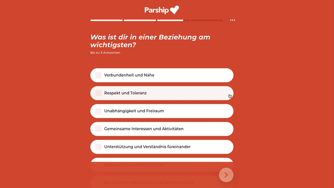Deine Parship-Reise beginnt auf jeden Fall mit dem ausführlichen und wissenschaftlichen Persönlichkeitstest. Er dauert etwa 10 bis 15 Minuten, aber dafür bekommst du hinterher passgenaue Matches serviert.