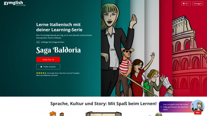 Saga Baldoria ist die Italienisch-Lernapp des Sprachkursanbieters Gymglish, der heute zur französischen Lernplattform Aimigo gehört.