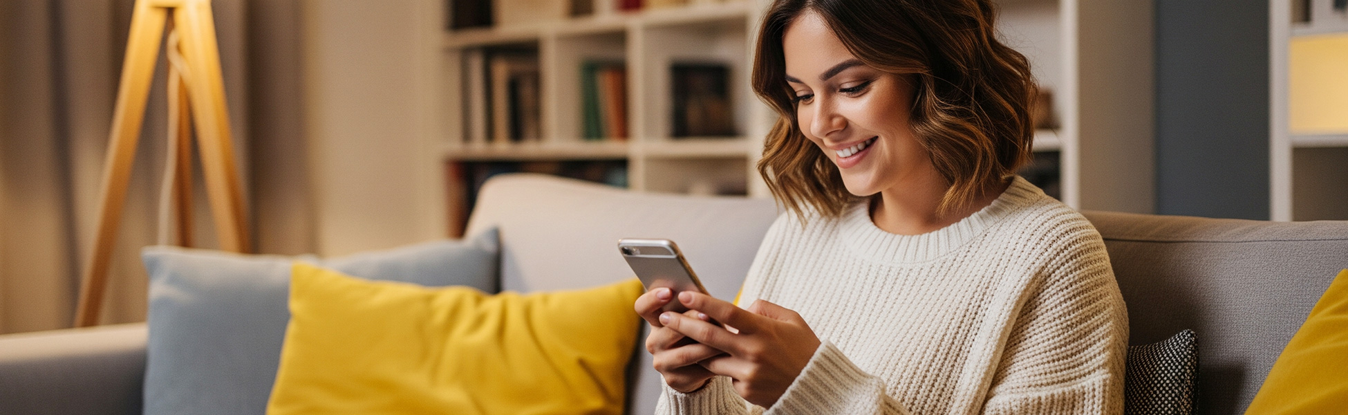 Woman smiling while using her smartphone on a couch