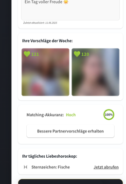 Durch das Liken oder Ablehnen von Profilen kannst du deine Match-Genauigkeit steigern – die Plattform gibt sich wirklich Mühe, dir passende Personen vorzuschlagen. Schade nur, dass die Fotos standardmäßig verschwommen sind. Auch für Premium-Mitglieder!