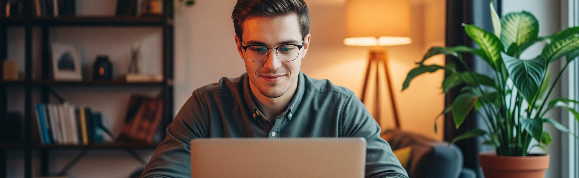 Man wearing glasses looking at a laptop in a dimly lit room