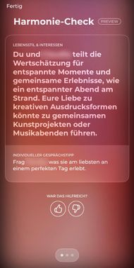 Ein super Feature für seine seriöse Partnervermittlung ist der Harmonie-Check. Hier kannst du die sehen, wofür du diesen langen Persönlichkeitstest am Anfang gemacht hast.