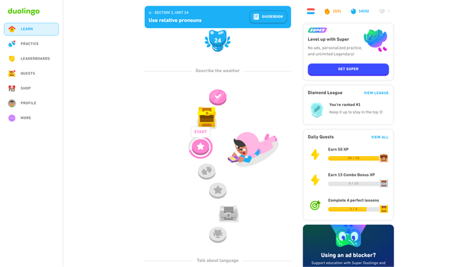 Die Kurse bei Duolingo sind alle gleich aufgebaut – zumindest in den beliebtesten Sprachen. Ob App oder Webseite macht auch keinen Unterschied.