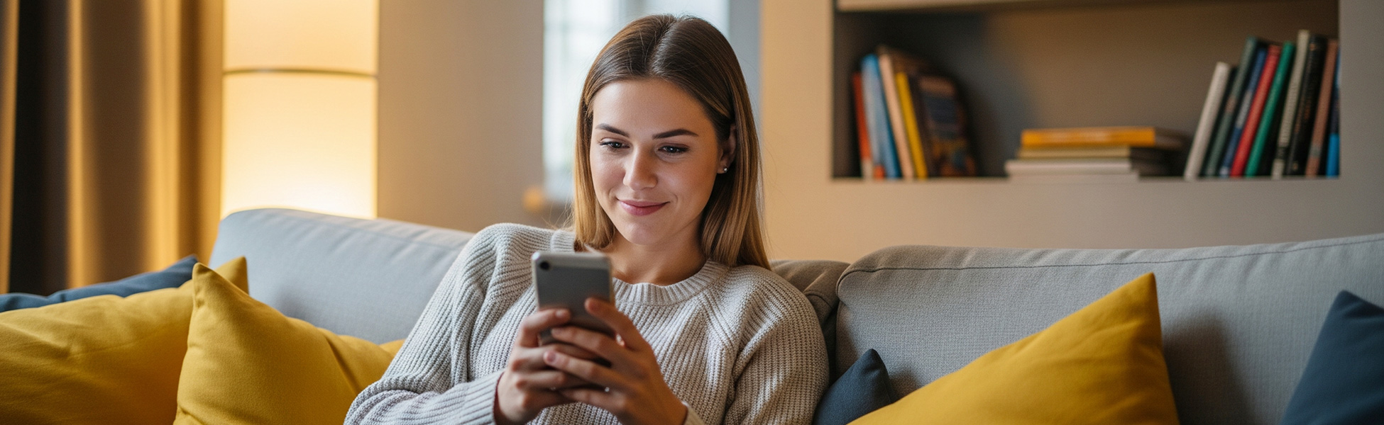 Young woman smiling while looking at her smartphone on a couch
