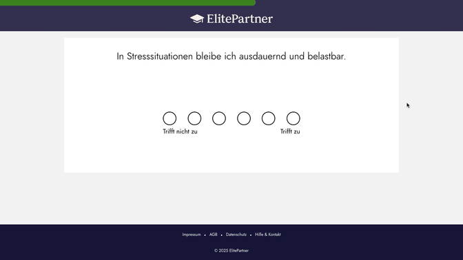 Der Persönlichkeitstest bildet die Basis der Partnersuche bei ElitePartner. Deine Antworten steuern den Algorithmus und bestimmen, welche Singles dir überhaupt vorgeschlagen werden.
