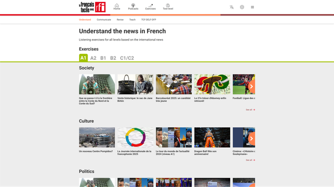 Die Lektionen von RFI Savoirs sind klar in die verschiedenen Sprachniveaus von A1 bis C2 einsortiert, das du bequem über die entsprechenden Buttons wechseln kannst.
